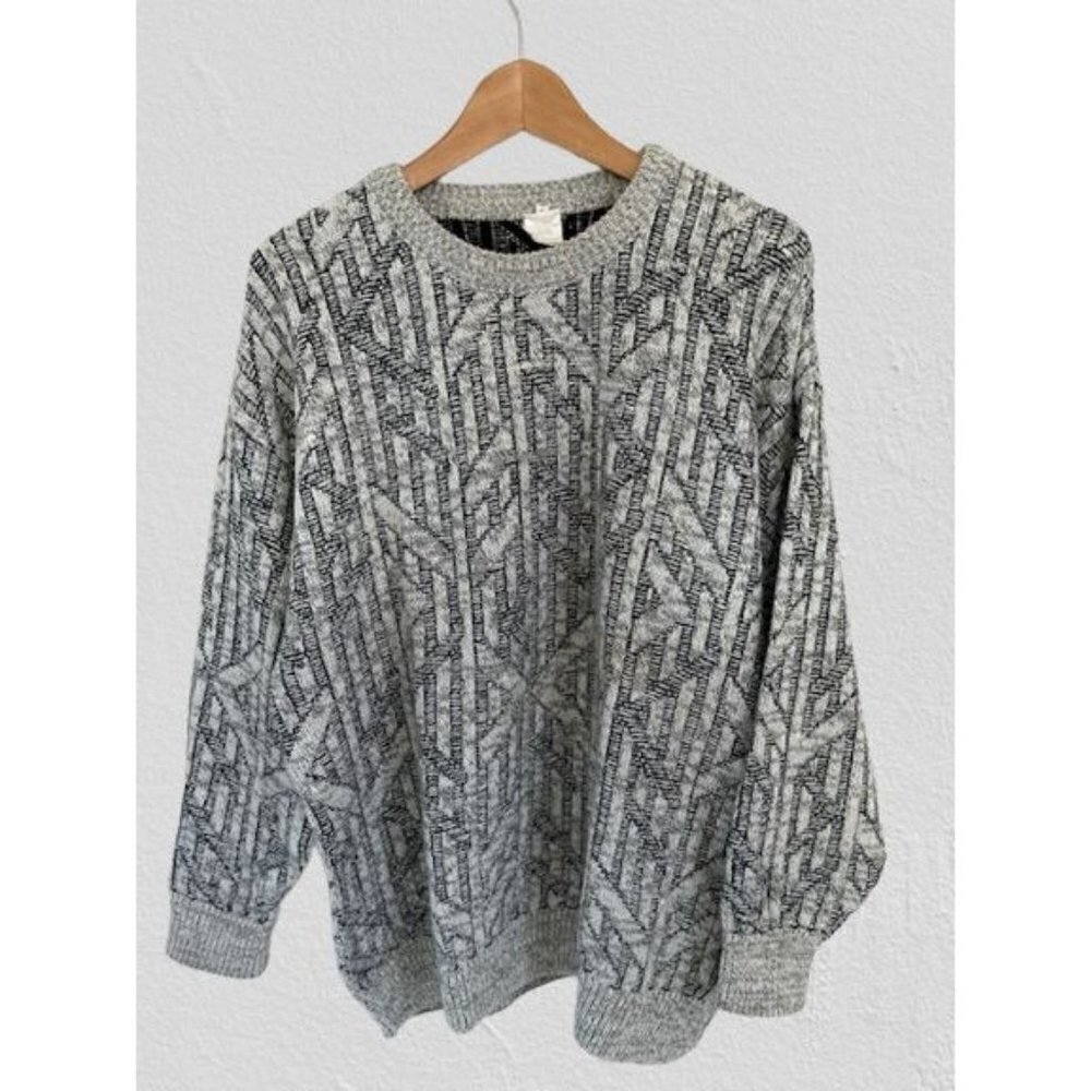 Vintage Italian Wool Knitted Sweater Gray Geometric Knitted Size XLarge